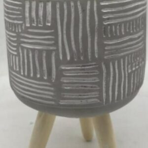 CERAMIC FLOWER POT ON WOODEN STAND GREY
