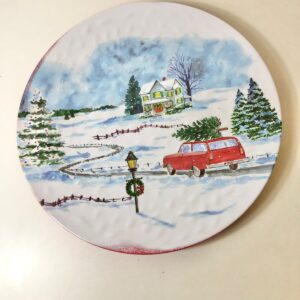 PLASTIC PLATE XMAS ROUND DOGS DEERS D44C